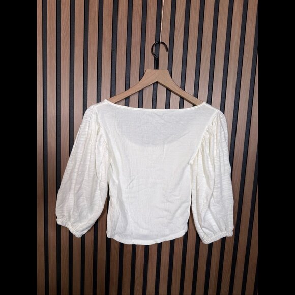 Free People Top XS Womens White Round Neck Cotton Stretch 3/4 Sleeve Crop - Picture 2 of 8